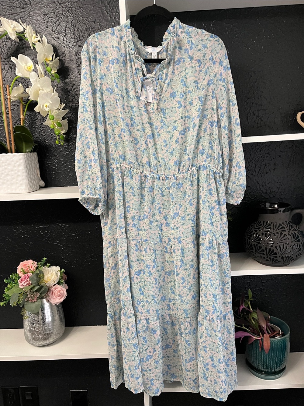 Time and Tru Light Blue Floral Tiered Midi Dress